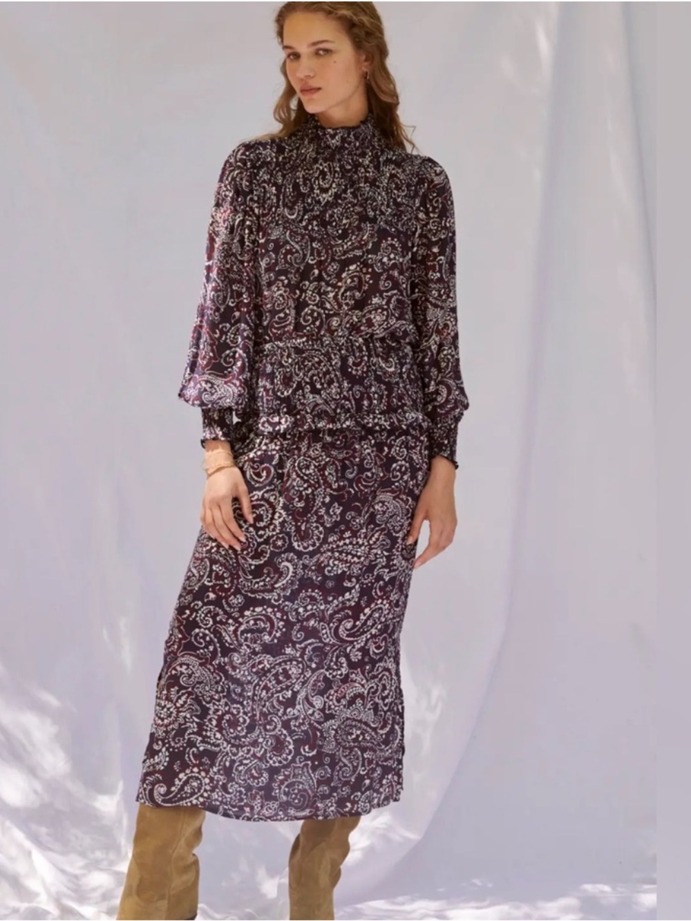 Sonmer Womens Black Paisley High-Neck Blouse & Midi Skirt Set Medium NWT